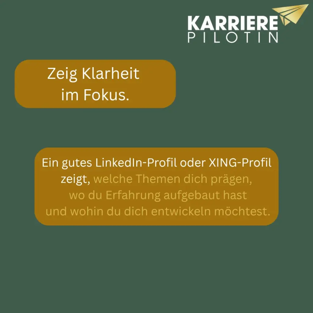 Karrierepilotin-Grafik: LinkedIn- und XING-Profil mit Fokus auf Zielrolle, Erfahrung und berufliche Entwicklung optimieren